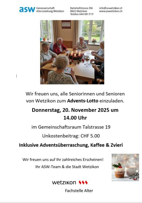 ADVENTS-LOTTO, 20. November 2025 14.00h Talstrasse 19 Wetzikon